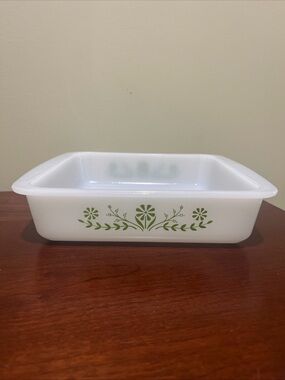 Glasbake White Glass Bake Dish with Green Floral Pattern - 8 in